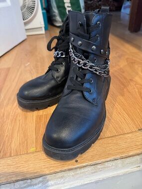 XOXO Black Combat Moto Boots with Chain & Stud Detail